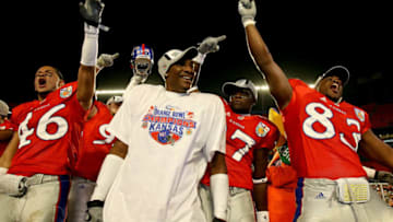 MIAMI - JANUARY 03: The Kansas Jayhawks celebrate after the Virginia Tech Hokies during the FedEx Orange Bowl at Dolphin Stadium on January 3, 2008 in Miami, Florida. Kansas defeated Virginia Tech 24-21. (Photo by Doug Benc/Getty Images)