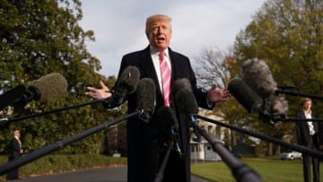 WASHINGTON, DC - NOVEMBER 21: U.S. President Donald Trump talks to reporters as he departs the White House November 21, 2017 in Washington, DC. Trump and his family are going to his Mar-a-Lago resort for the Thanksgiving holiday. (Photo by Chip Somodevilla/Getty Images)