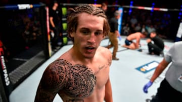 LAS VEGAS, NV - JULY 16: (L-R) Brendan Allen reacts after defeating Aaron Jeffery of Canada in their middleweight bout during Dana White's Contender Series at the UFC Apex on July 16, 2019 in Las Vegas, Nevada. (Photo by Chris Unger/DWCS LLC)