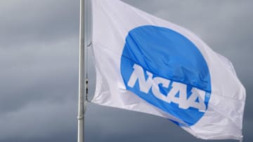 Jun 11, 2021; Eugene, Oregon, USA; An NCAA logo flag at the NCAA Track and Field Championships at Hayward Field. Mandatory Credit: Kirby Lee-USA TODAY Sports