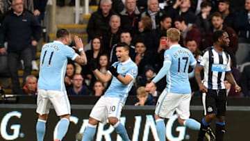 NEWCASTLE UPON TYNE, ENGLAND - APRIL 19: Sergio Aguero (C)