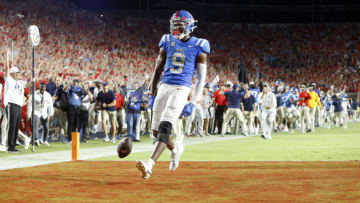 Sep 30, 2023; Oxford, Mississippi, USA; Mississippi Rebels wide receiver Tre Harris (9) reacts after scoring the game winning touchdown against the LSU Tigers at Vaught-Hemingway Stadium. Mandatory Credit: Petre Thomas-USA TODAY Sports