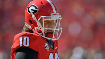 Oct 1, 2016; Athens, GA, USA; Georgia Bulldogs quarterback Jacob Eason (10) on the field prior to the game against the Tennessee Volunteers at Sanford Stadium. Mandatory Credit: Dale Zanine-USA TODAY Sports