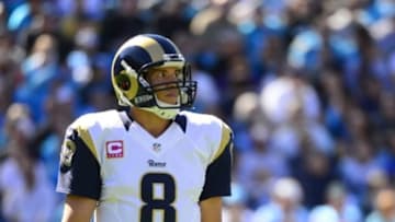 Oct 20, 2013; Charlotte, NC, USA; St. Louis Rams quarterback Sam Bradford (8) reacts in the second quarter at Bank of America Stadium. Mandatory Credit: Bob Donnan-USA TODAY Sports