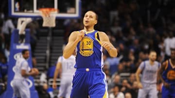 Nov 26, 2014; Orlando, FL, USA; Golden State Warriors guard Stephen Curry (30) celebrates a three-point basket against the Orlando Magic in the first half at Amway Center. Mandatory Credit: David Manning-USA TODAY Sports