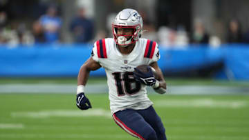 Oct 31, 2021; Inglewood, California, USA; New England Patriots wide receiver Jakobi Meyers (16) carries the ball against the Los Angeles Chargers in the second half at SoFi Stadium. The Patriots defeated the Chargers 27-24. Mandatory Credit: Kirby Lee-USA TODAY Sports