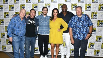 SAN DIEGO, CALIFORNIA - JULY 20: Dirk Blocker, Joe Lo Truglio, Andy Samberg, Melissa Fumero, Terry Crews and Joel McKinnon Miller at 2019 Comic-Con International - "Brooklyn Nine-Nine" Photo Call at Hilton Bayfront on July 20, 2019 in San Diego, California. (Photo by Araya Diaz/Getty Images)