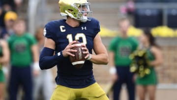 Notre Dame quarterback Ian Book throws a pass against the Duke football team. (Photo by Stacy Revere/Getty Images)