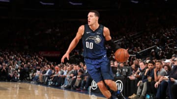 NEW YORK, NY - APRIL 3: Aaron Gordon #00 of the Orlando Magic drives to the basket against the New York Knicks on April 3, 2018 at Madison Square Garden in New York City, New York. NOTE TO USER: User expressly acknowledges and agrees that, by downloading and or using this photograph, User is consenting to the terms and conditions of the Getty Images License Agreement. Mandatory Copyright Notice: Copyright 2018 NBAE (Photo by Nathaniel S. Butler/NBAE via Getty Images)