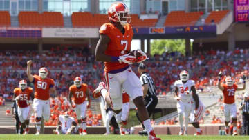 Apr 11, 2015; Clemson, SC, USA; Clemson Tigers wide receiver Mike Williams (7) runs the ball in for a touchdown during the first half of the Clemson spring game at Clemson Memorial Stadium. Mandatory Credit: Joshua S. Kelly-USA TODAY Sports