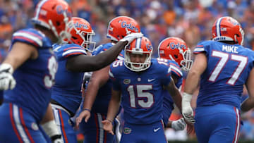 GAINESVILLE, FL - SEPTEMBER 16: Florida Gators place kicker Eddy Pineiro (15) is congratulated by teammates after making a field goal in the 2nd quarter of the college football game between the Tennessee Volunteers and Florida Gators on September 16, 2017, at Ben Hill Griffin Stadium at Florida Field in Gainesville, FL. (Photo by Mark LoMoglio/Icon Sportswire via Getty Images)