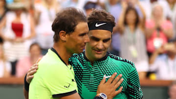 INDIAN WELLS, CA - MARCH 15: Roger Federer of Switzerland shakes hands at the net after his straight sets victory against Rafael Nadal of Spain in their fourth round match during day ten of the BNP Paribas Open at Indian Wells Tennis Garden on March 15, 2017 in Indian Wells, California. (Photo by Clive Brunskill/Getty Images)