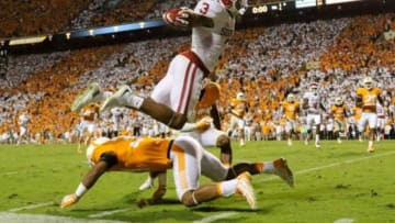 Sep 12, 2015; Knoxville, TN, USA; Oklahoma Sooners wide receiver Sterling Shepard (3) scores the winning touchdown in double overtime against the Tennessee Volunteers Neyland Stadium. Oklahoma won in double overtime 31-24. Mandatory Credit: Randy Sartin-USA TODAY Sports