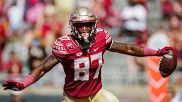 Florida State Seminoles tight end Camren McDonald (87) celebrates a touchdown. The Florida State Seminoles defeated the Massachusetts Minutemen 59-3 at Doak Campbell Stadium on Saturday, Oct. 23, 2021.Fsu V Umass Second Half160