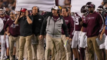 Oct 29, 2022; College Station, Texas, USA; Texas A&M Aggies head coach Jimbo Fisher looks on in the first half against the Mississippi Rebels at Kyle Field. Mandatory Credit: Daniel Dunn-USA TODAY Sports