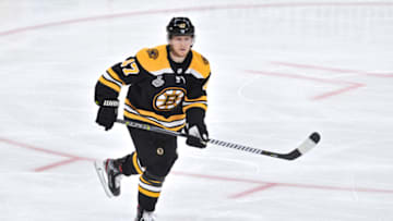 BOSTON, MA - MAY 27: Boston Bruins defenseman Torey Krug (47) looks for a pass from a teammate. During Game 1 of the Stanley Cup Finals featuring the Boston Bruins against the St. Louis Blues on May 27, 2019 at TD Garden in Boston, MA. (Photo by Michael Tureski/Icon Sportswire via Getty Images)