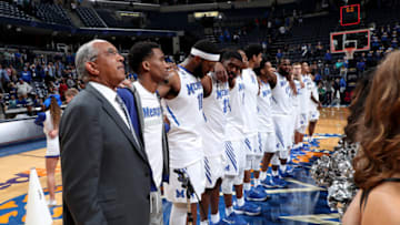 MEMPHIS, TN - MARCH 4: Tubby Smith, head coach of the Memphis Tigers stands with him team after the game against the East Carolina Pirates on March 4, 2018 at FedExForum in Memphis, Tennessee. Memphis defeated East Carolina 90-70. (Photo by Joe Murphy/Getty Images)