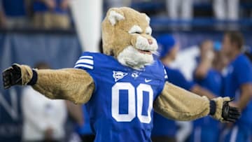 Oct 10, 2015; Provo, UT, USA; Cosmo the Brigham Young Cougars mascot cheers in the game against the East Carolina Pirates at Lavell Edwards Stadium. Mandatory Credit: Rob Gray-USA TODAY Sports