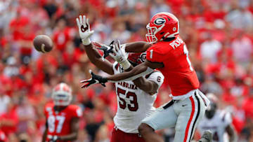 George Pickens #1 of the Georgia Bulldogs battles Ernest Jones #53 of the South Carolina Gamecocks. (Photo by Kevin C. Cox/Getty Images)