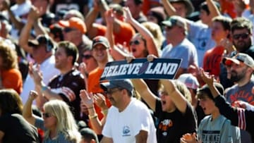Sep 21, 2014; Cleveland, OH, USA; Cleveland Browns helmet on the field before a game against the Baltimore Ravens at FirstEnergy Stadium. Mandatory Credit: Ron Schwane-USA TODAY Sports