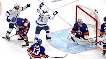 EDMONTON, ALBERTA - SEPTEMBER 17: Anthony Cirelli #71 of the Tampa Bay Lightning celebrates after scoring the game-winning goal past Semyon Varlamov #40 of the New York Islanders during the first overtime period to win Game Six of the Eastern Conference Final during the 2020 NHL Stanley Cup Playoffs at Rogers Place on September 17, 2020 in Edmonton, Alberta, Canada. (Photo by Bruce Bennett/Getty Images)