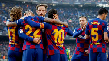 BARCELONA, SPAIN - FEBRUARY 22: Lionel Messi of FC Barcelona celebrates 2-0 with Antoine Griezmann of FC Barcelona, Arturo Vidal of FC Barcelona, Ivan Rakitic of FC Barcelona during the La Liga Santander match between FC Barcelona v Eibar at the Camp Nou on February 22, 2020 in Barcelona Spain (Photo by David S. Bustamante/Soccrates/Getty Images)