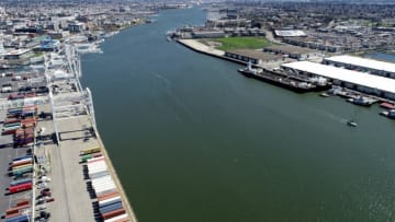 OAKLAND, CA - MARCH 13: Howard Terminal and the Oakland Estuary are seen from this drone view in Oakland, Calif., on Wednesday, March 13, 2019. The site is being considered for the Oakland Athletics new ballpark and for housing on the northern side near Schnitzer Steel. (Photo by Jane Tyska/MediaNews Group/The Mercury News via Getty Images)