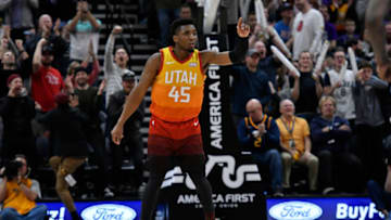 SALT LAKE CITY, UT - NOVEMBER 21: Donovan Mitchell #45 of the Utah Jazz gestures on court in a NBA game against the Sacramento Kings at Vivint Smart Home Arena on November 21, 2018 in Salt Lake City, Utah. NOTE TO USER: User expressly acknowledges and agrees that, by downloading and or using this photograph, User is consenting to the terms and conditions of the Getty Images License Agreement. (Photo by Gene Sweeney Jr./Getty Images)