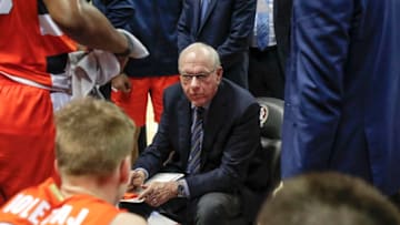TALLAHASSEE, FL - FEBRUARY 15: Head Coach Jim Boeheim of the Syracuse Orange talks with his team during a time out against the Florida State Seminoles during the game at the Donald L. Tucker Center on February 15, 2020 in Tallahassee, Florida. Florida State defeated Syracuse 80 to 77. (Photo by Don Juan Moore/Getty Images)