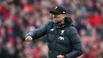 LIVERPOOL, ENGLAND - MARCH 07: Jurgen Klopp, Manager of Liverpool celebrates following his sides victory in the Premier League match between Liverpool FC and AFC Bournemouth at Anfield on March 07, 2020 in Liverpool, United Kingdom. (Photo by Jan Kruger/Getty Images)