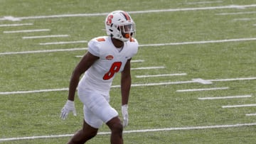 MOBILE, AL - JANUARY 30: Cornerback Ifeatu Melifonwu #8 from Syracuse of the American Team warms up before the start of the 2021 Resse's Senior Bowl at Hancock Whitney Stadium on the campus of the University of South Alabama on January 30, 2021 in Mobile, Alabama. The National Team defeated the American Team 27-24. (Photo by Don Juan Moore/Getty Images)