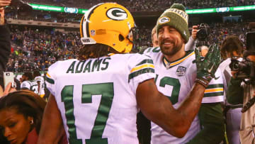 EAST RUTHERFORD, NJ - DECEMBER 23: Green Bay Packers quarterback Aaron Rodgers (12) and Green Bay Packers wide receiver Davante Adams (17) after the National Football League game between the New York Jets and the Green Bay Packers on December 23, 2018 at MetLife Stadium in East Rutherford, NJ. (Photo by Rich Graessle/Icon Sportswire via Getty Images)EAST RUTHERFORD, NJ - DECEMBER 23: The New York Jets Flight Crew Cheerleaders take a group photo after the National Football League game between the New York Jets and the Green Bay Packers on December 23, 2018 at MetLife Stadium in East Rutherford, NJ. (Photo by Rich Graessle/Icon Sportswire via Getty Images)