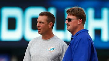 EAST RUTHERFORD, NJ - AUGUST 12: Defensive back coach Lou Anarumo of the Miami Dolphins talks with head coach Ben McAdoo of the New York Giants before an NFL preseason game at MetLife Stadium on August 12, 2016 in East Rutherford, New Jersey. (Photo by Rich Schultz/Getty Images)