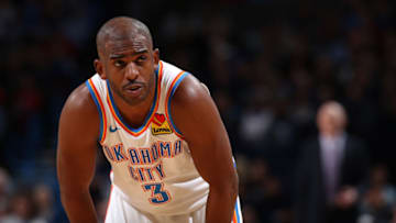 DECEMBER 31: Chris Paul #3 of the OKC Thunder looks on during the game against the Dallas Mavericks (Photo by Zach Beeker/NBAE via Getty Images)