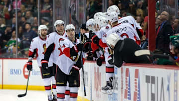Mar 31, 2016; Saint Paul, MN, USA; Ottawa Senators forward Jean-Gabriel Pageau (44) celebrates his goal in the second period against the Minnesota Wild at Xcel Energy Center. Mandatory Credit: Brad Rempel-USA TODAY Sports