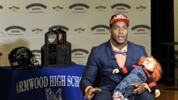 Feb 4, 2015; Seffner, FL, USA; Armwood High School defensive end Byron Cowart talks to ESPN about his decision to go to Auburn on National Signing day at Armwood High School. Mandatory Credit: Kim Klement-USA TODAY Sports