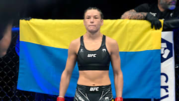 LAS VEGAS, NEVADA - MARCH 05: Maryna Moroz of Ukraine prepares to fight Mariya Agapova during UFC 272 at T-Mobile Arena on March 05, 2022 in Las Vegas, Nevada. (Photo by David Becker/Getty Images)