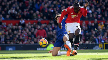MANCHESTER, ENGLAND - FEBRUARY 25: Romelu Lukaku of Manchester United scores his sides first goal during the Premier League match between Manchester United and Chelsea at Old Trafford on February 25, 2018 in Manchester, England. (Photo by Laurence Griffiths/Getty Images)