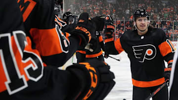 PHILADELPHIA, PA - JANUARY 18: Travis Konecny #11 of the Philadelphia Flyers celebrates his second period goal against the Los Angeles Kings with his teammates on the bench on January 18, 2020 at the Wells Fargo Center in Philadelphia, Pennsylvania. The goal was Konecny's second of the game. (Photo by Len Redkoles/NHLI via Getty Images)