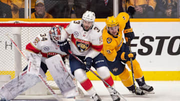 Keith Yandle #3 of the Florida Panthers skates against Filip Forsberg #9 of the Nashville Predators during a NHL game at Bridgestone Arena on January 19, 2019 in Nashville, Tennessee. (Photo by Ronald C. Modra/NHL/Getty Images)