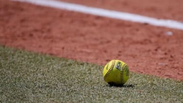 A softball is seen during a softball game between the University of Oklahoma Sooners (OU) and Tennessee in the Women's College World Series at USA Softball Hall of Fame Stadium in Oklahoma City, Saturday, June 3, 2023. Oklahoma won 9-0.