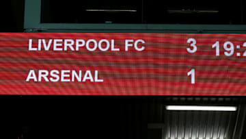 A general view of the scoreboard reading Liverpool 3 - Arsenal 1 at full-time during the Premier League match at Anfield, Liverpool. (Photo by Peter Byrne/PA Images via Getty Images)