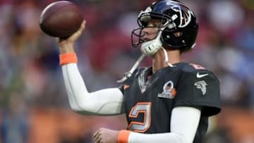 Jan 25, 2015; Phoenix, AZ, USA; Team Irvin quarterback Matt Ryan of the Atlanta Falcons (2) warms up before the 2015 Pro Bowl at University of Phoenix Stadium. Mandatory Credit: Kyle Terada-USA TODAY Sports