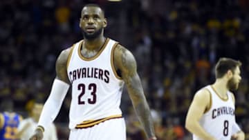 Jun 16, 2015; Cleveland, OH, USA; Cleveland Cavaliers forward LeBron James (23) on the court during the fourth quarter against the Golden State Warriors in game six of the NBA Finals at Quicken Loans Arena. Mandatory Credit: Bob Donnan-USA TODAY Sports