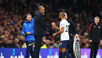 LONDON, ENGLAND - OCTOBER 30: Nuno Espirito Santo embraces Lucas Moura of Tottenham Hotspur after he is substituted during the Premier League match between Tottenham Hotspur and Manchester United at Tottenham Hotspur Stadium on October 30, 2021 in London, England. (Photo by Catherine Ivill/Getty Images)