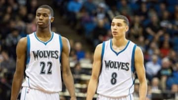 Nov 26, 2014; Minneapolis, MN, USA; Minnesota Timberwolves guard Andrew Wiggins (22) and guard Zach LaVine (8) against the Milwaukee Bucks at Target Center. The Bucks defeated the Timberwolves 103-86. Mandatory Credit: Brace Hemmelgarn-USA TODAY Sports