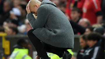MANCHESTER, ENGLAND - APRIL 24: Josep Guardiola, Manager of Manchester City reacts during the Premier League match between Manchester United and Manchester City at Old Trafford on April 24, 2019 in Manchester, United Kingdom. (Photo by Shaun Botterill/Getty Images)