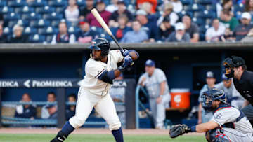TOLEDO, OH - MAY 10: Toledo Mud Hens left fielder Christin Stewart (20) at bat during a regular season game between the Columbus Clippers and the Toledo Mud Hens on May 10, 2018 at Fifth Third Field in Toledo, Ohio. (Photo by Scott W. Grau/Icon Sportswire via Getty Images)
