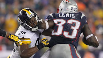 Sep 10, 2015; Foxborough, MA, USA; Pittsburgh Steelers cornerback Cortez Allen (28) tackles New England Patriots running back Dion Lewis (33) during the third quarter at Gillette Stadium. Mandatory Credit: Stew Milne-USA TODAY Sports