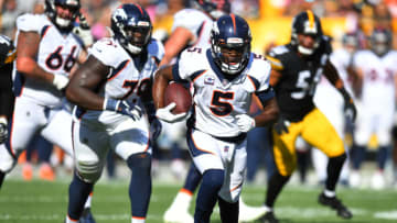 PITTSBURGH, PENNSYLVANIA - OCTOBER 10: Teddy Bridgewater #5 of the Denver Broncos runs with the ball during the third quarter against the Pittsburgh Steelers at Heinz Field on October 10, 2021 in Pittsburgh, Pennsylvania. (Photo by Joe Sargent/Getty Images)